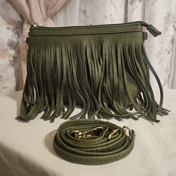 Handbags - Olive Green Fringe Crossbody Bag - NWOT